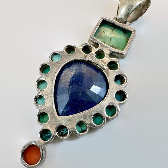 Lapis Pendant, Turquoise, Sterling Silver, Coral, Vintage, Large, 3 1/3" Long - Picture 5 of 5